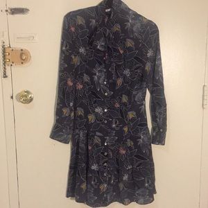 Silk floral print dress with neck tie.